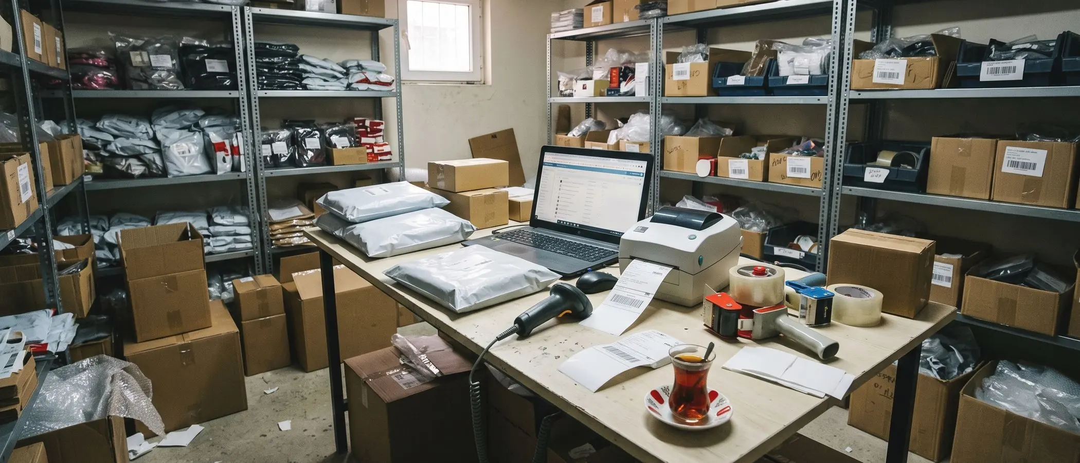 Küçük e-ticaret deposu: raflar, etiket yazıcısı, kargo poşetleri ve sipariş listesi (bugün)