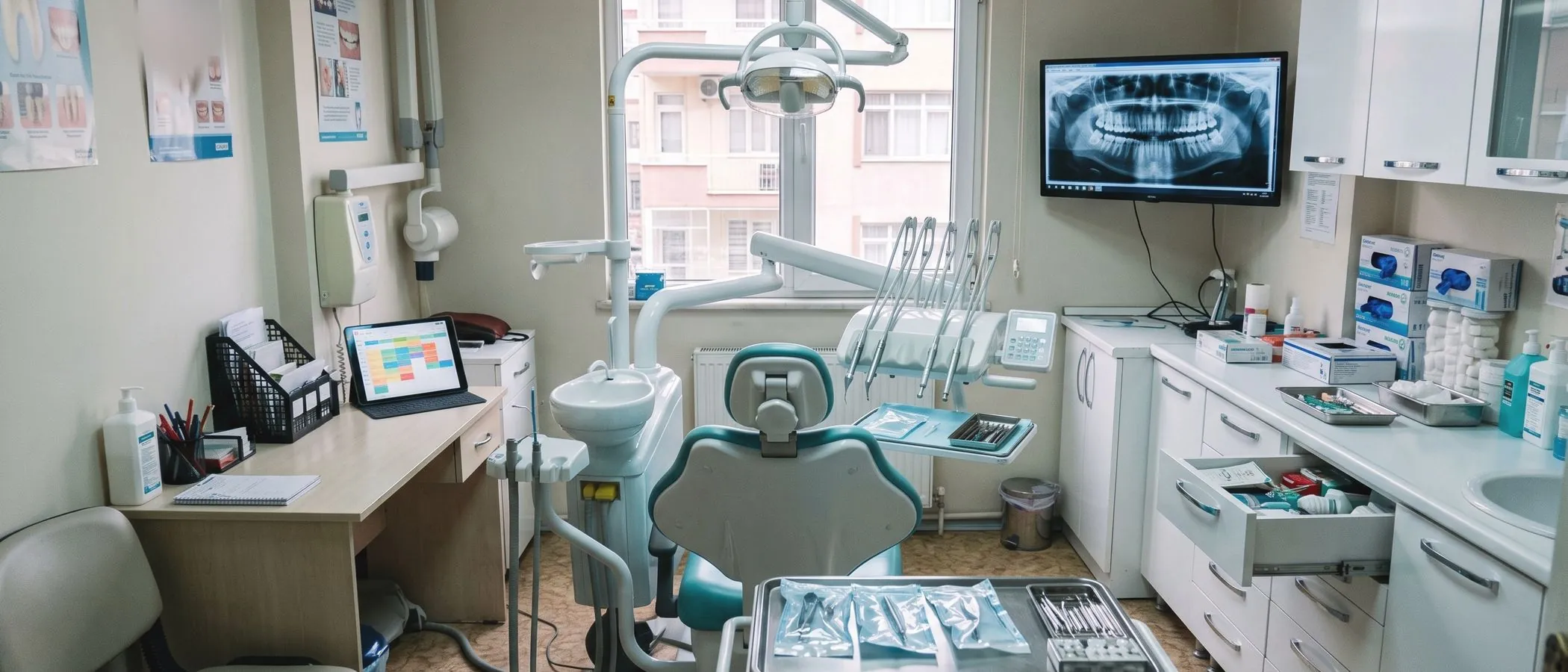 Diş kliniği tedavi odası: diş ünitesi, röntgen ekranı ve tablette randevu takvimi (bugün)
