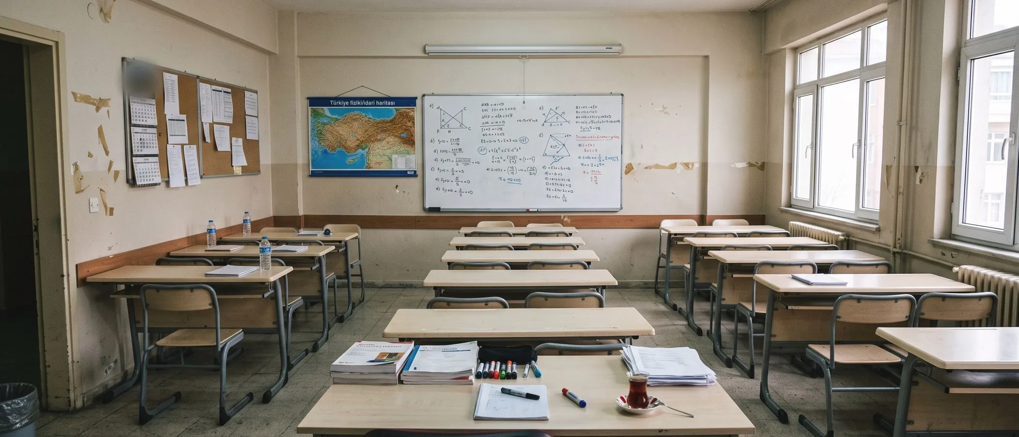 Dershane sınıfı: sıra sıra masalar, tahtada matematik çözümleri, çay bardağı (bugün)
