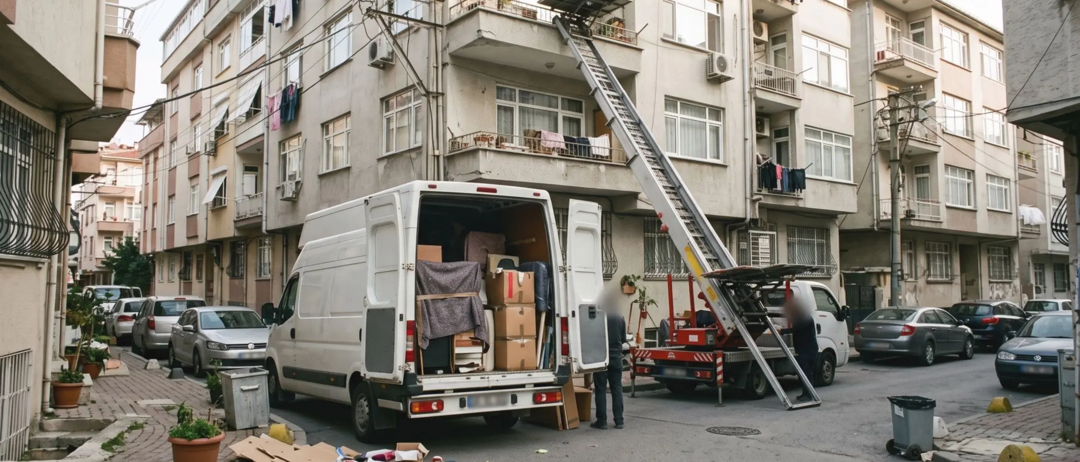 İstanbul'da apartman önünde yüklenen nakliye panelvanı ve asansörlü nakliye platformu (bugün)