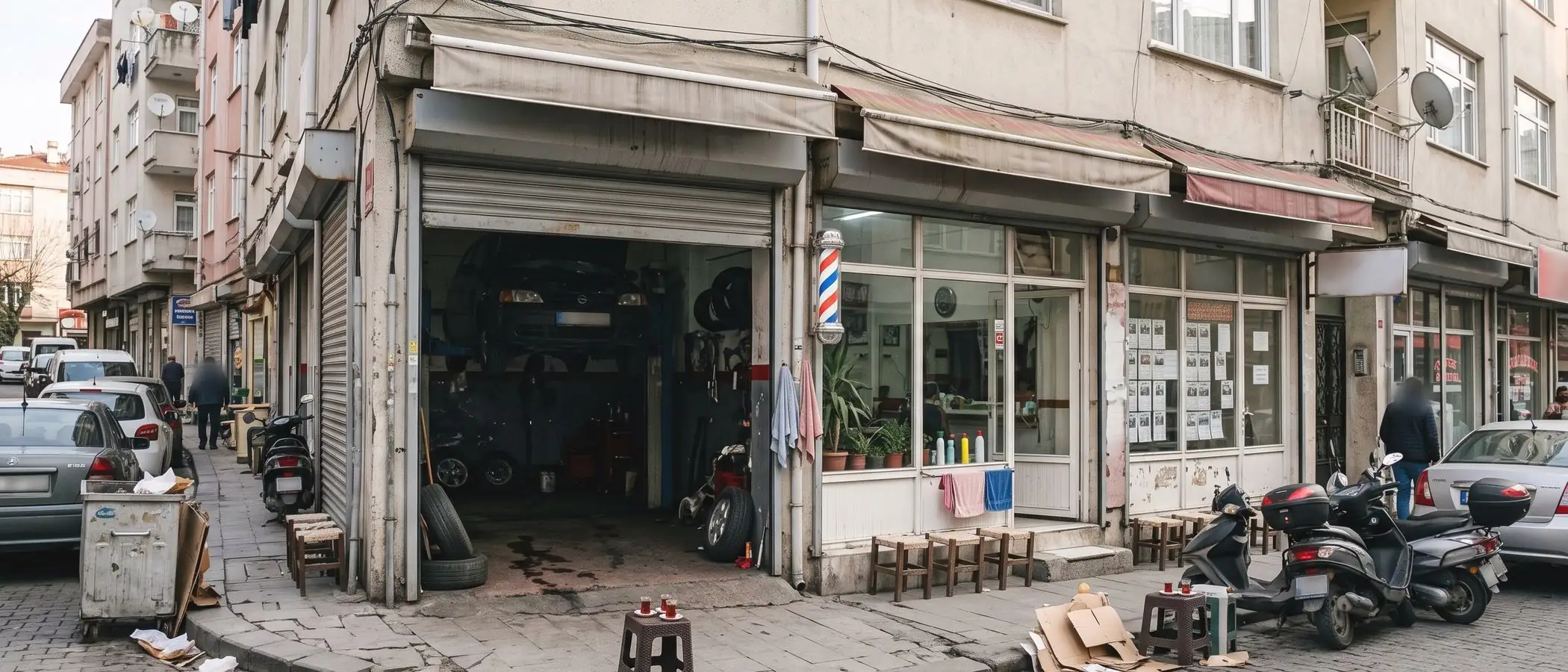 Mahalle esnafı: oto servis, berber ve emlakçı vitrinleri (bugün)